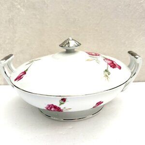 Vintage KING CHINA Japan Covered Serving Bowl 9” Pink Rose Pattern Silver Trim